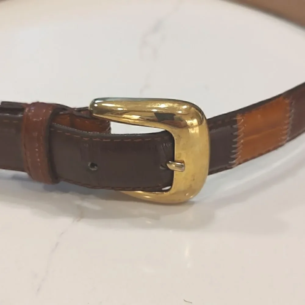 Leather Patchwork Reptile and Croc Embossed Belt Goldtone Buckle Size M Vintage